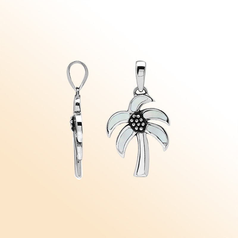 Tropical palm tree pendant in sterling silver with luminous Mother of Pearl inlay, artisan-crafted for beach-inspired style.