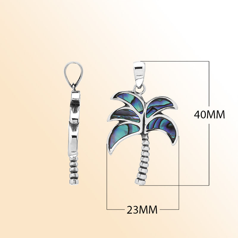 Tropical palm tree pendant in sterling silver with abalone shell inlay, artisan-crafted for exotic island-inspired style.