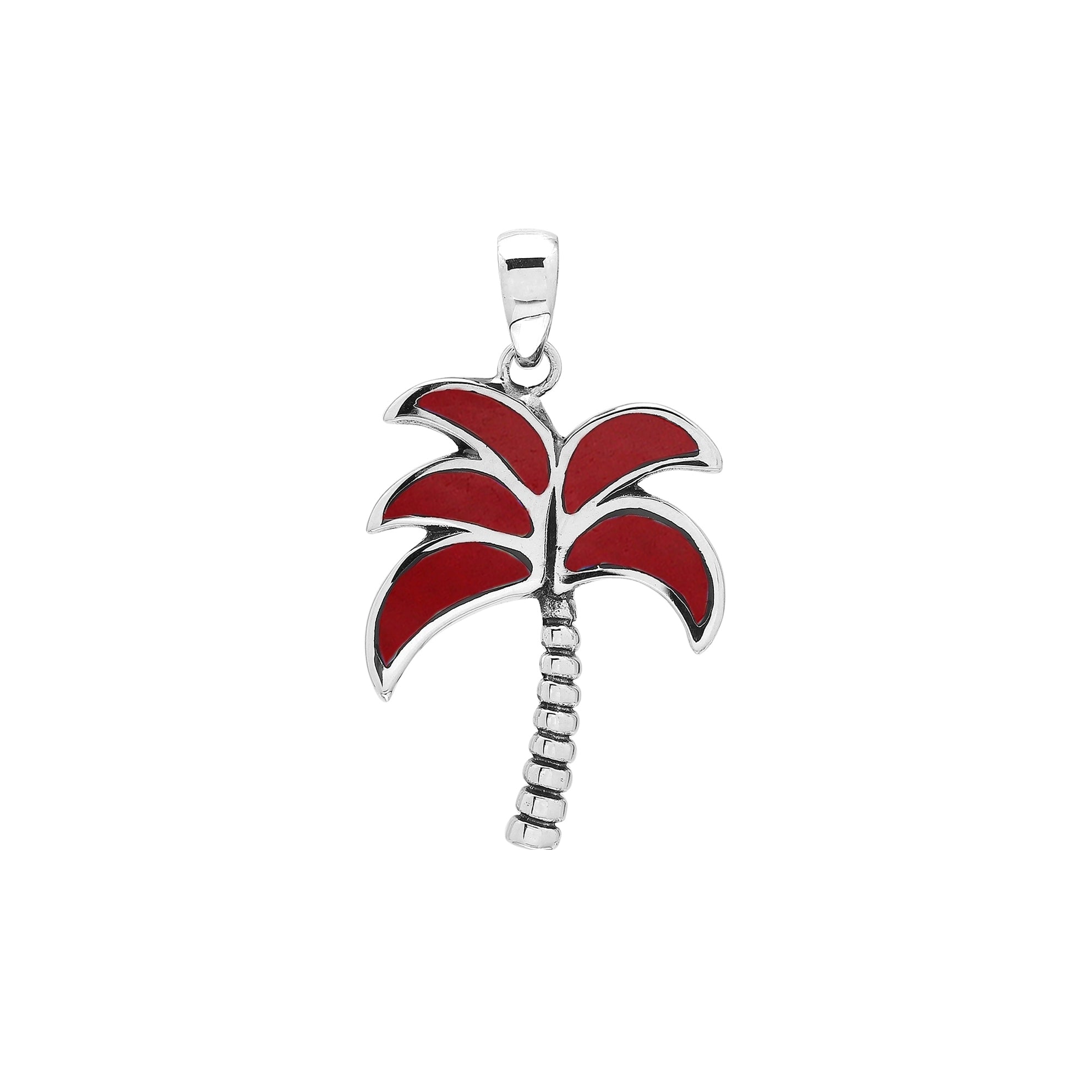 Bold tropical palm tree pendant in sterling silver with coral inlay, artisan-crafted for vibrant beach-inspired style.