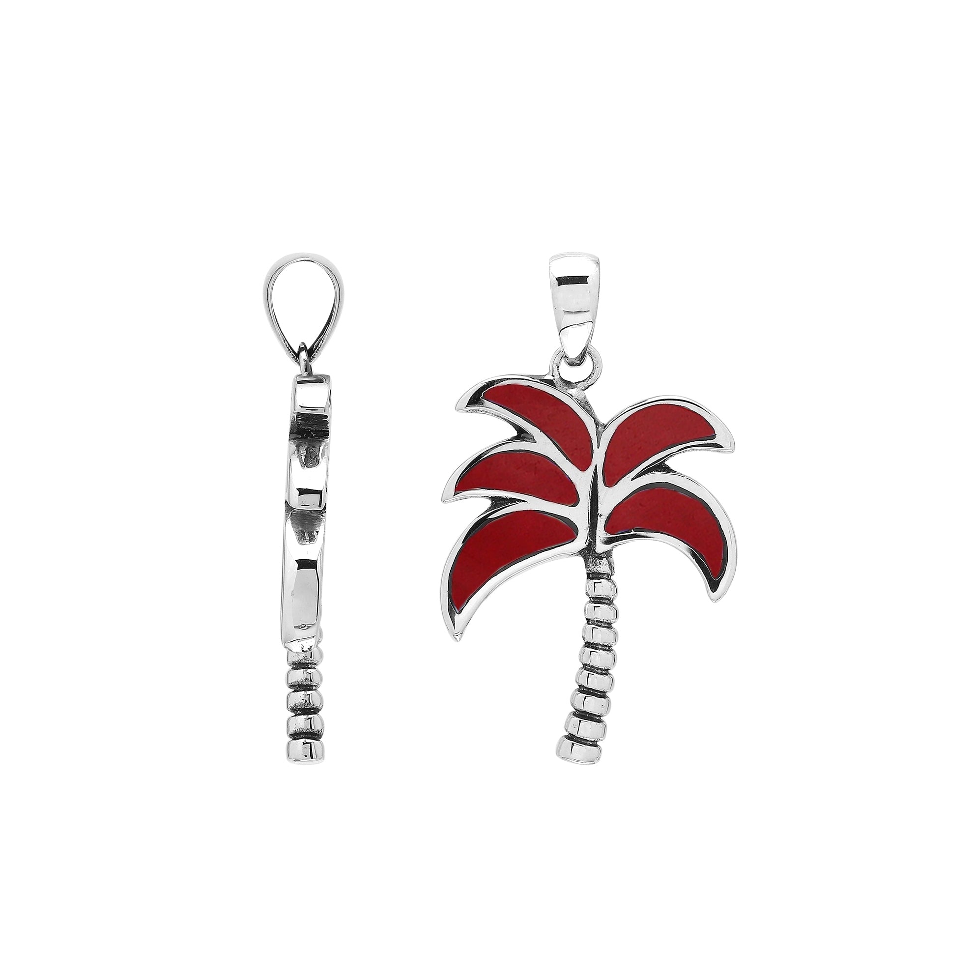 Bold tropical palm tree pendant in sterling silver with coral inlay, artisan-crafted for vibrant beach-inspired style.