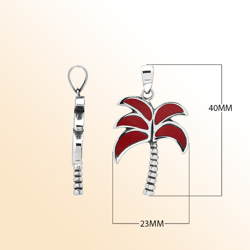 Bold tropical palm tree pendant in sterling silver with coral inlay, artisan-crafted for vibrant beach-inspired style.