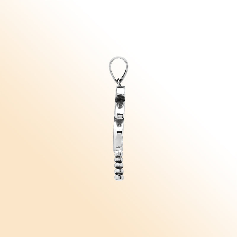Shimmering palm tree pendant in sterling silver with Mother of Pearl inlay and textured trunk, artisan-crafted for elegant tropical style.