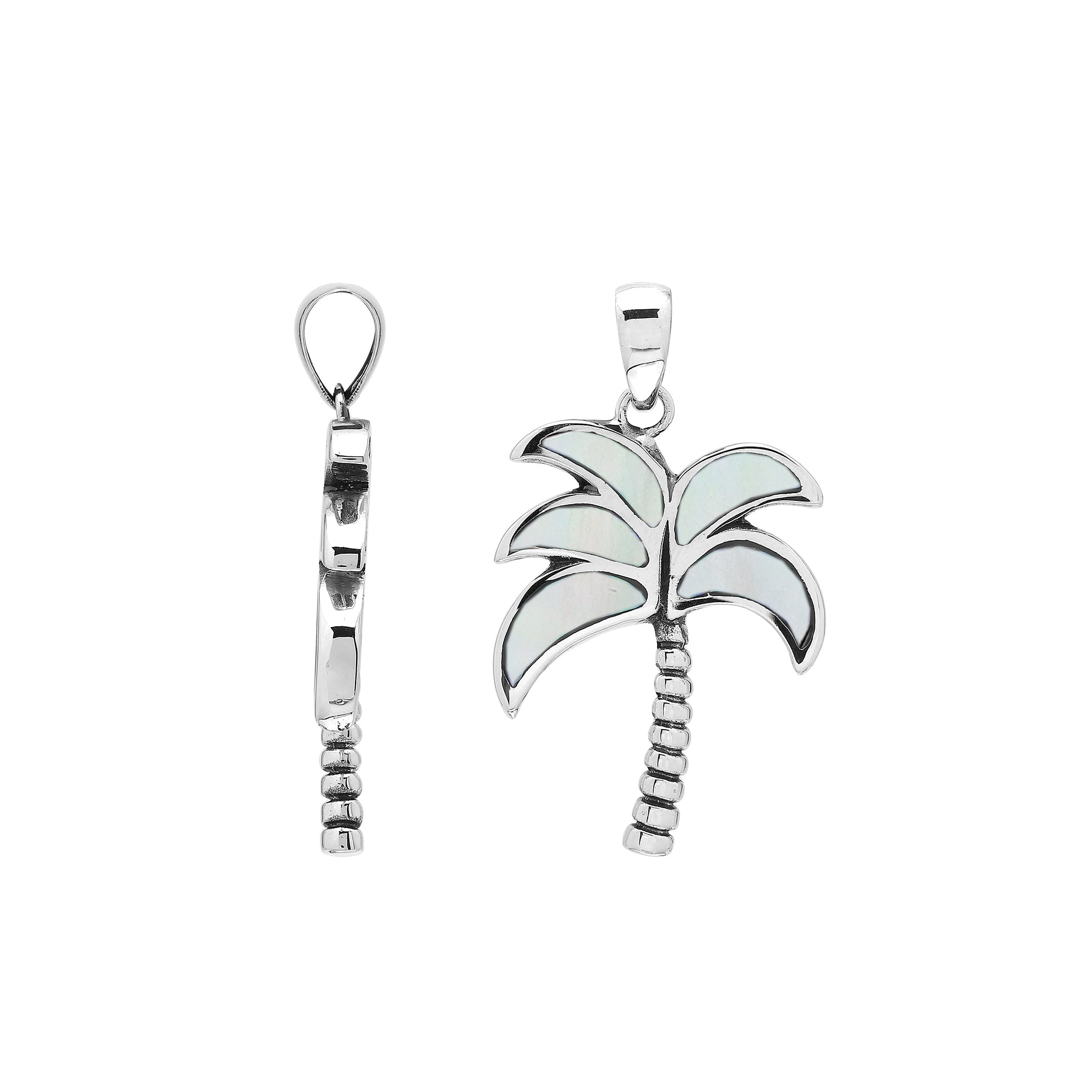 Shimmering palm tree pendant in sterling silver with Mother of Pearl inlay and textured trunk, artisan-crafted for elegant tropical style.