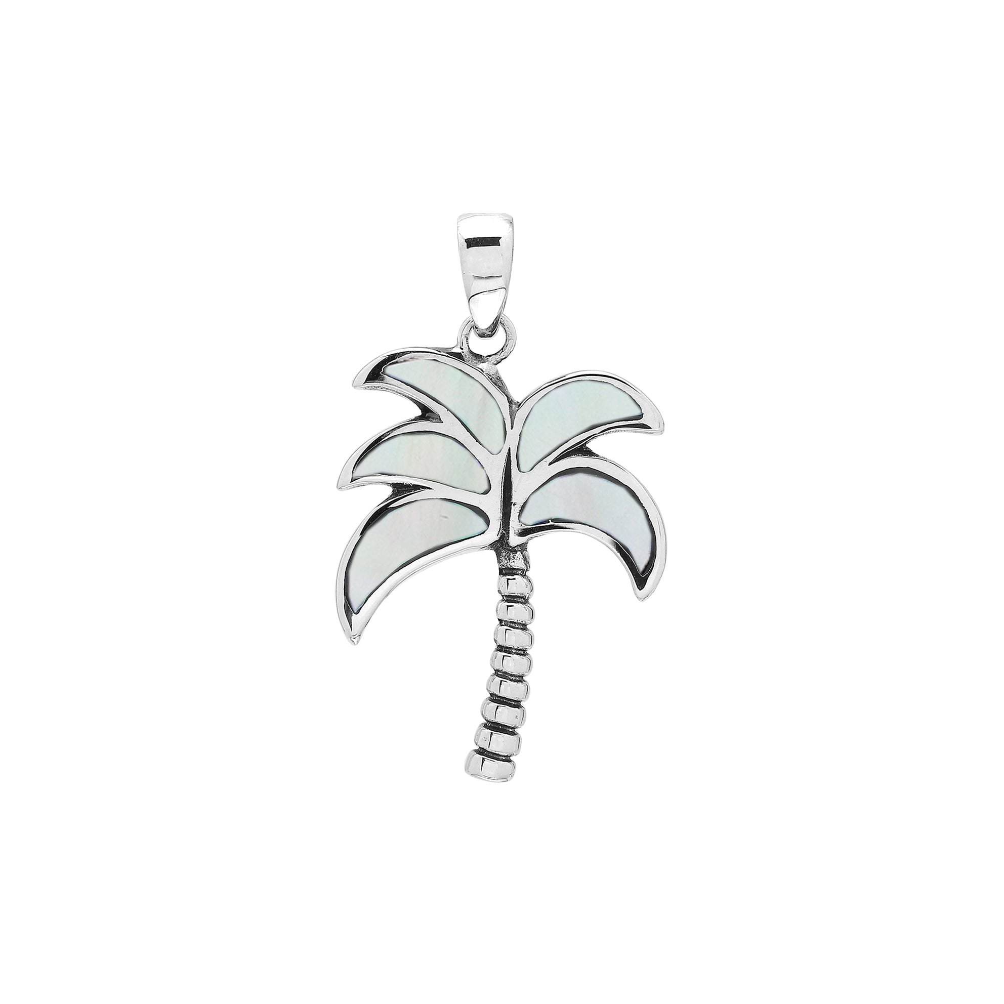 Shimmering palm tree pendant in sterling silver with Mother of Pearl inlay and textured trunk, artisan-crafted for elegant tropical style.