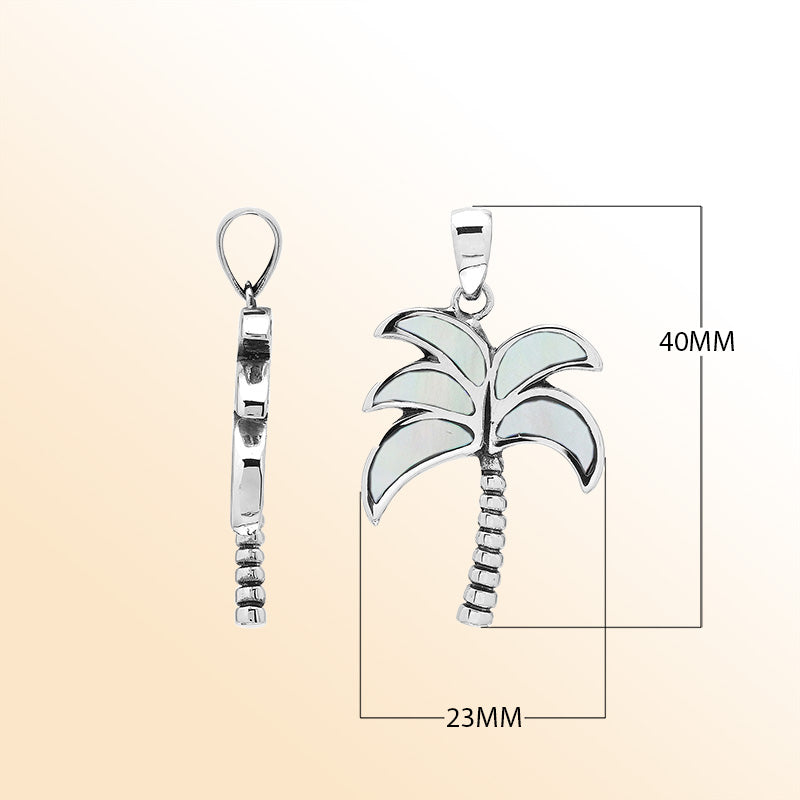 Shimmering palm tree pendant in sterling silver with Mother of Pearl inlay and textured trunk, artisan-crafted for elegant tropical style.