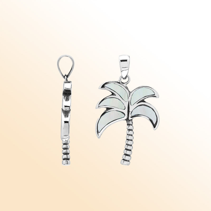 Shimmering palm tree pendant in sterling silver with Mother of Pearl inlay and textured trunk, artisan-crafted for elegant tropical style.