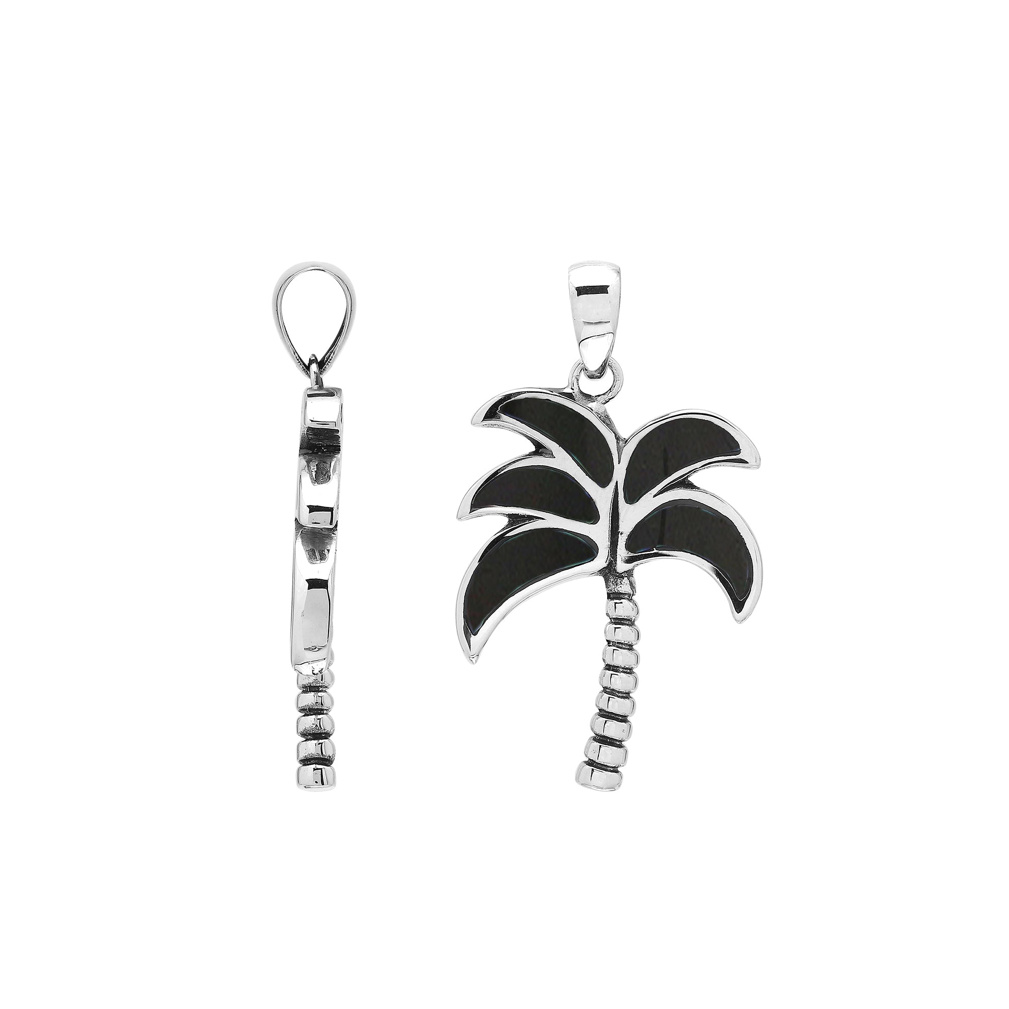 Sleek palm tree pendant in sterling silver with black shell inlay and textured trunk, artisan-crafted for modern tropical style.