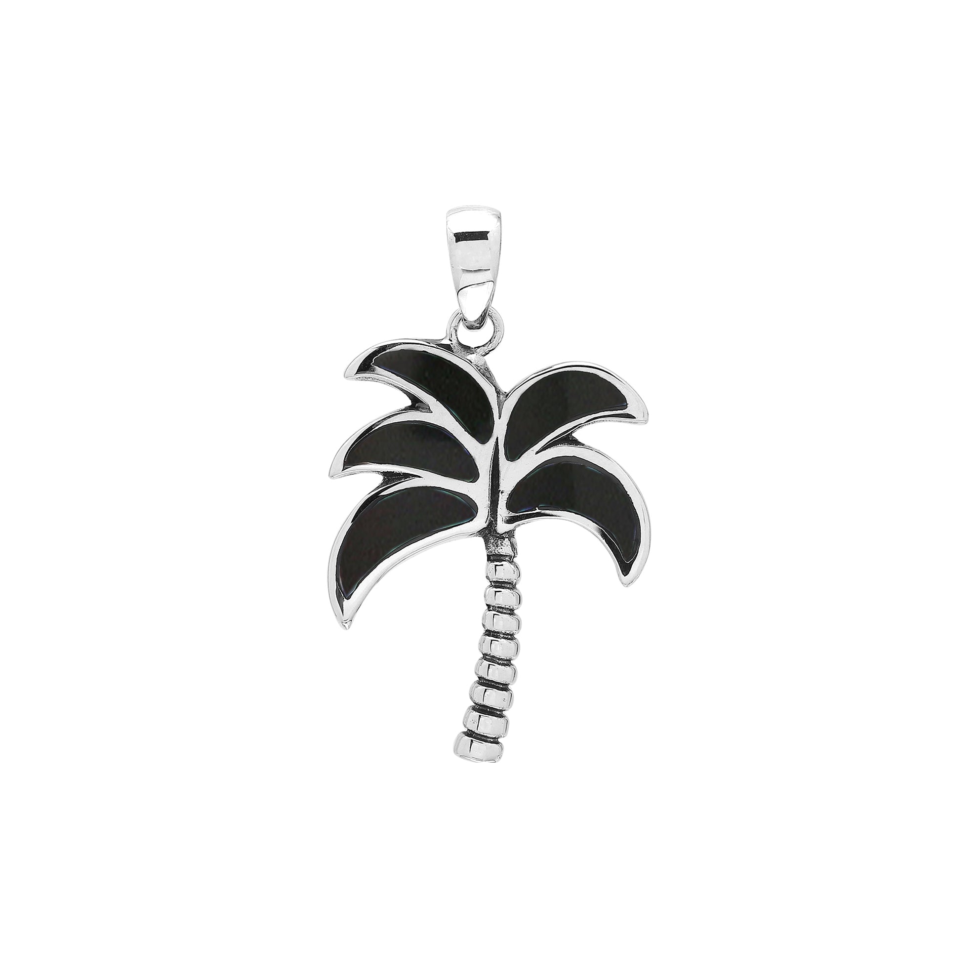 Sleek palm tree pendant in sterling silver with black shell inlay and textured trunk, artisan-crafted for modern tropical style.