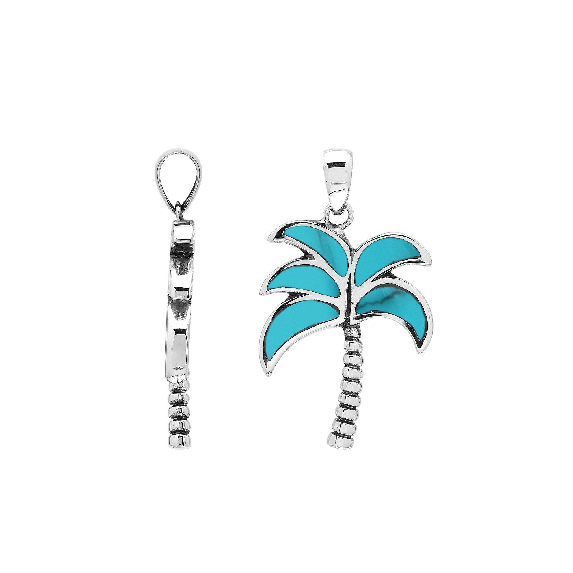 Vibrant sterling silver palm tree pendant with turquoise inlay and textured trunk, artisan-crafted for tropical beach style.