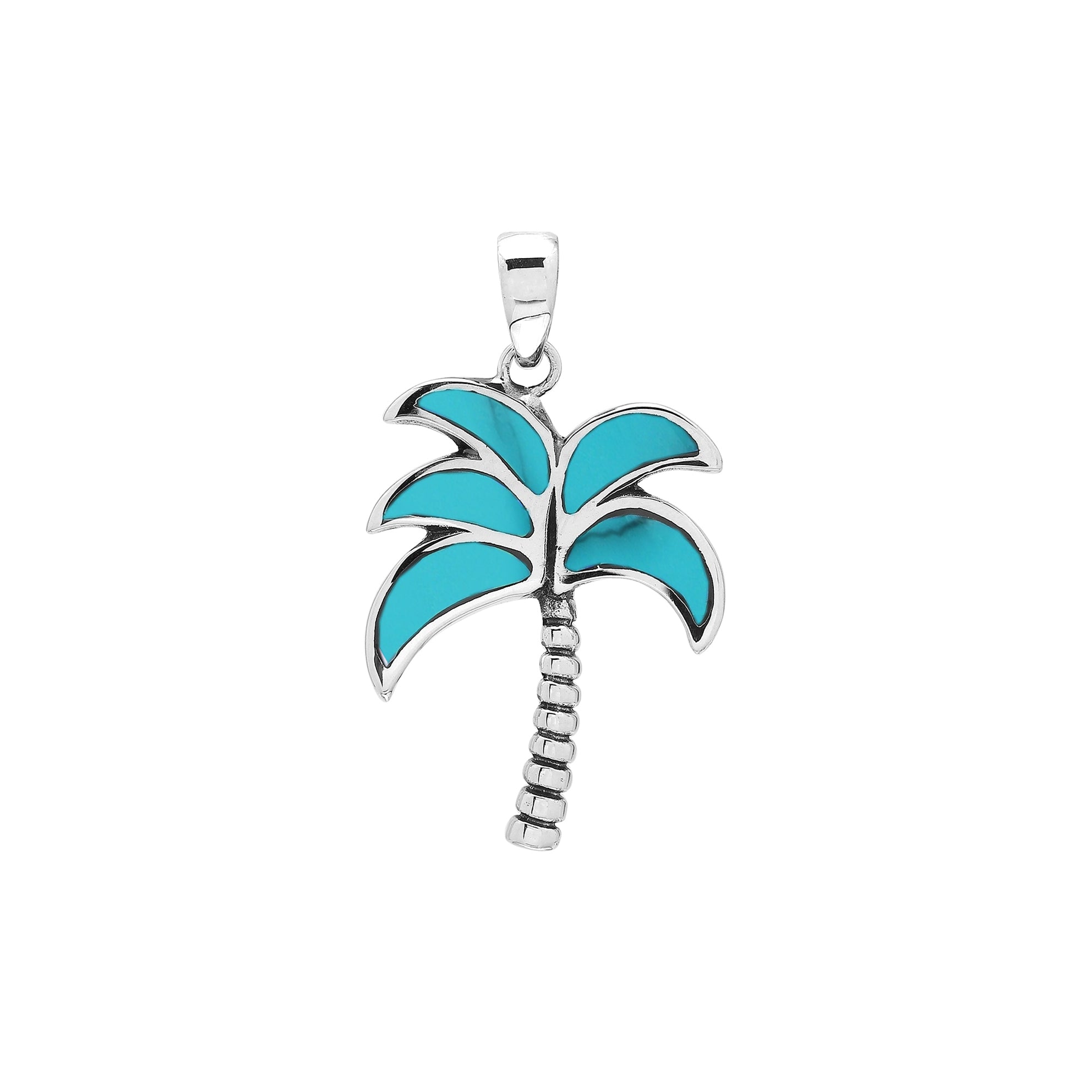 Vibrant sterling silver palm tree pendant with turquoise inlay and textured trunk, artisan-crafted for tropical beach style.