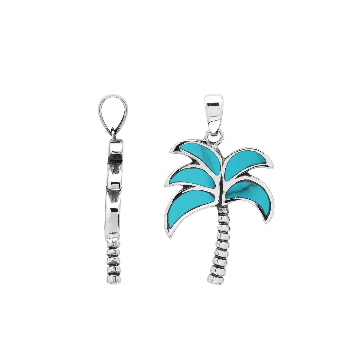 Vibrant sterling silver palm tree pendant with turquoise inlay and textured trunk, artisan-crafted for tropical beach style.