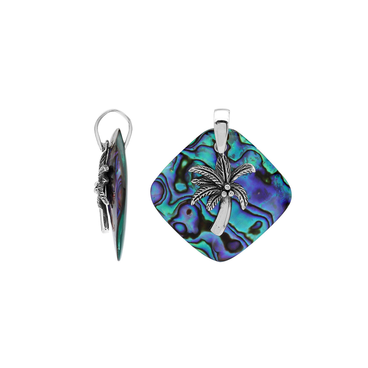 Statement palm tree pendant in sterling silver with abalone shell diamond backdrop, artisan-crafted for bold tropical style.