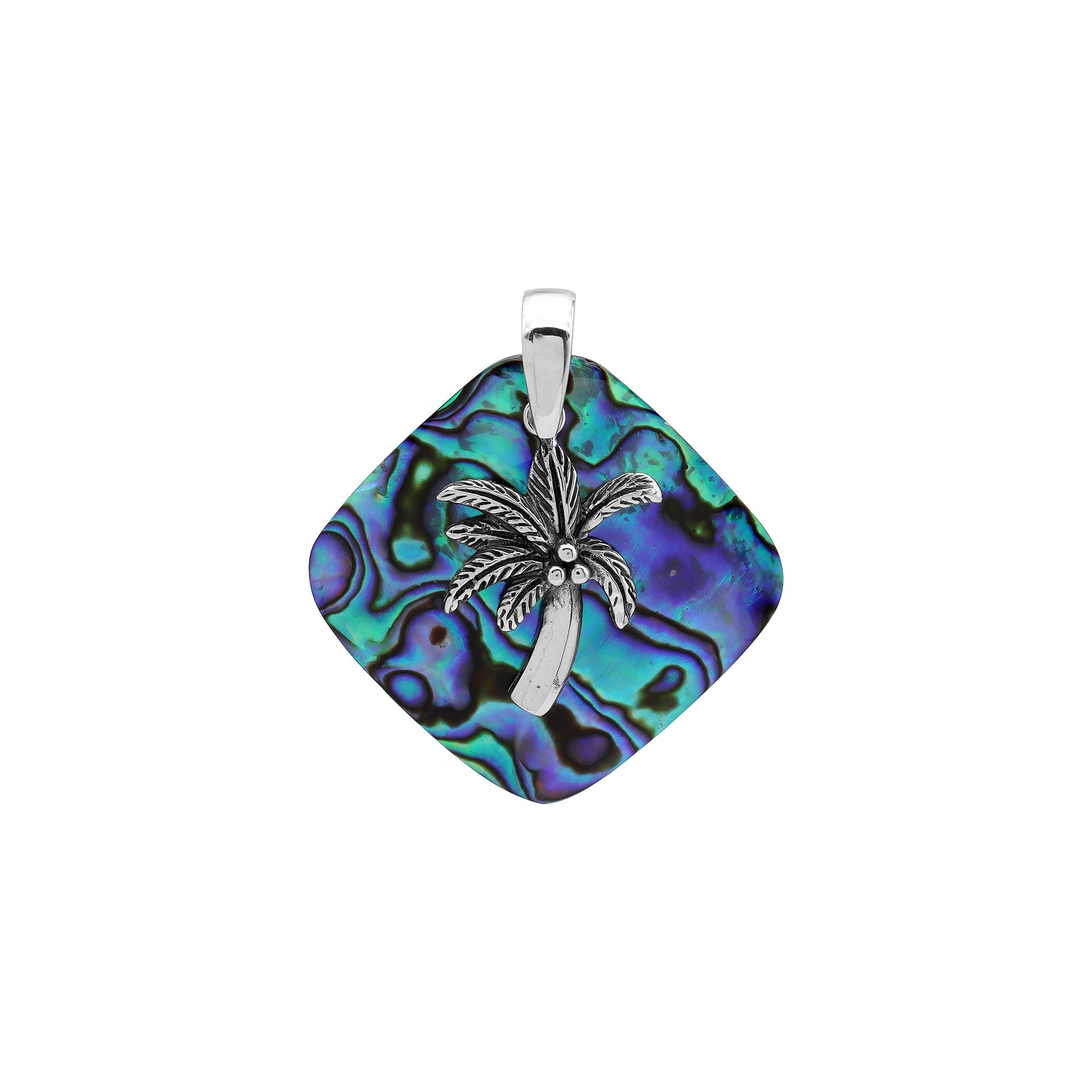 Statement palm tree pendant in sterling silver with abalone shell diamond backdrop, artisan-crafted for bold tropical style.