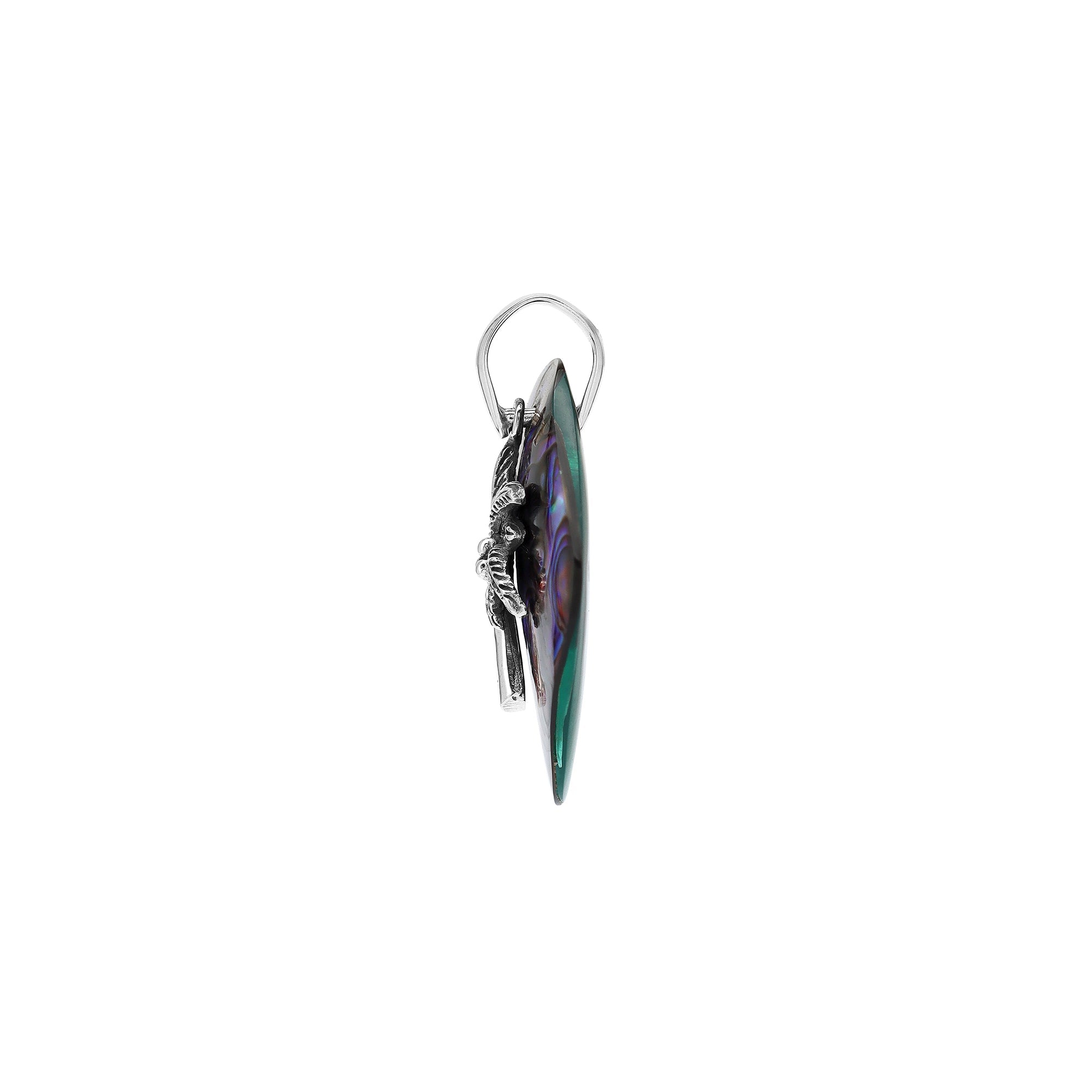 Statement palm tree pendant in sterling silver with abalone shell diamond backdrop, artisan-crafted for bold tropical style.