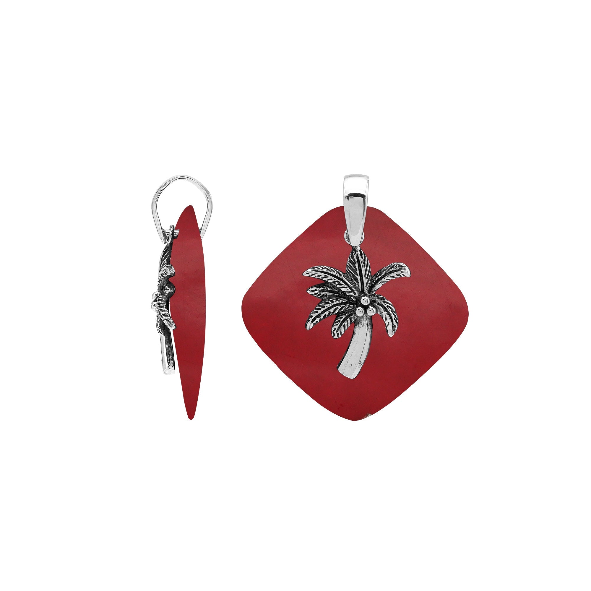 Bold sterling silver palm tree pendant set on red coral diamond base, artisan-crafted for tropical statement style.