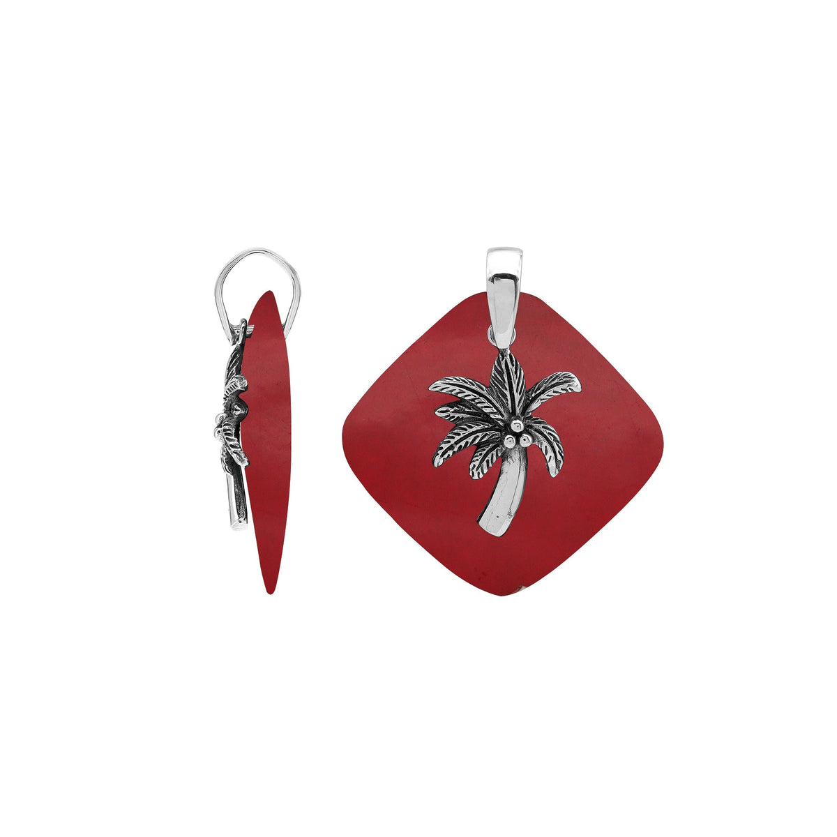 Bold sterling silver palm tree pendant set on red coral diamond base, artisan-crafted for tropical statement style.