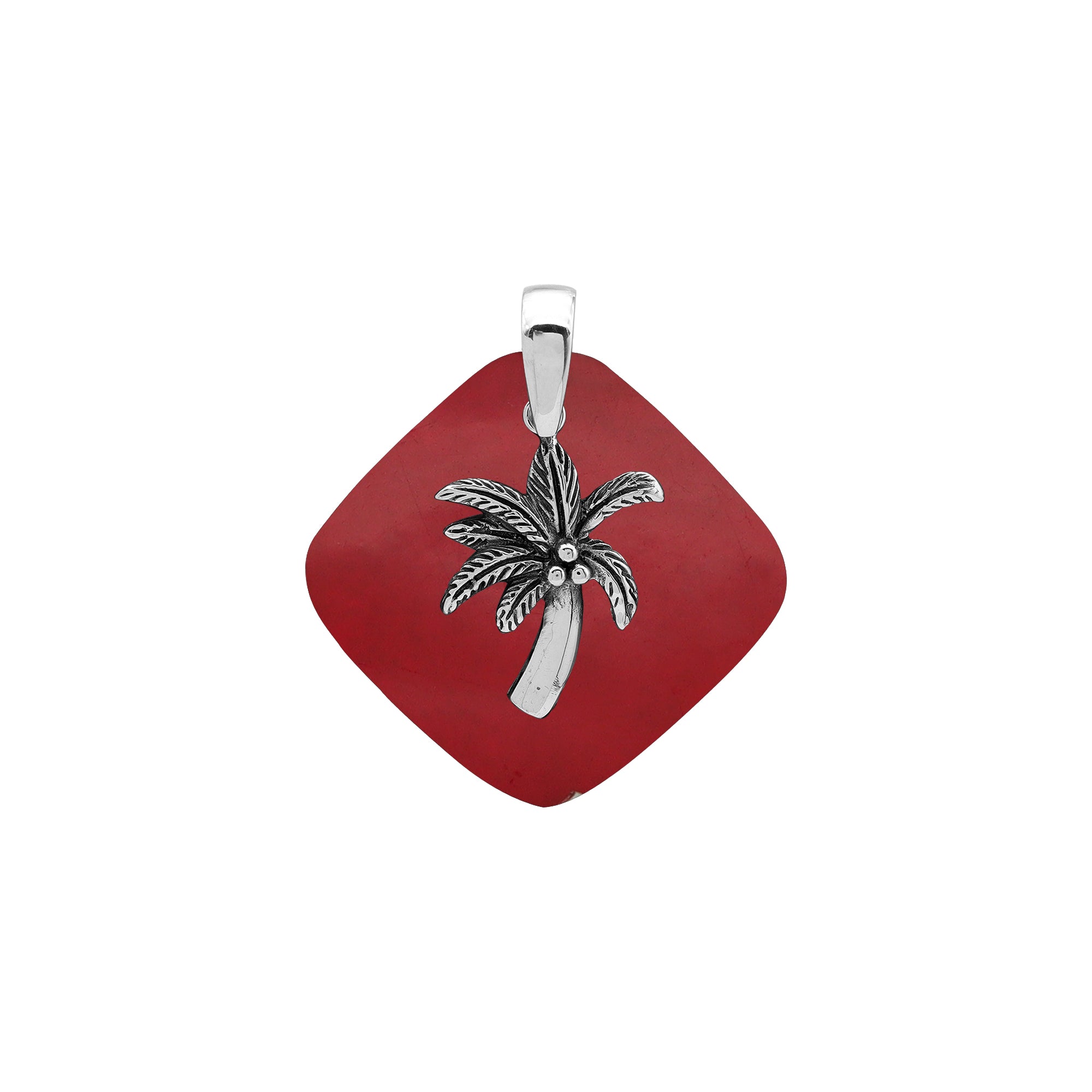 Bold sterling silver palm tree pendant set on red coral diamond base, artisan-crafted for tropical statement style.