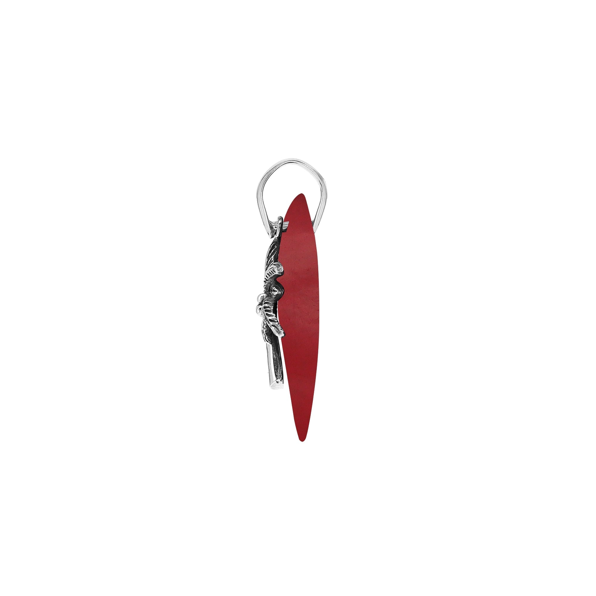Bold sterling silver palm tree pendant set on red coral diamond base, artisan-crafted for tropical statement style.