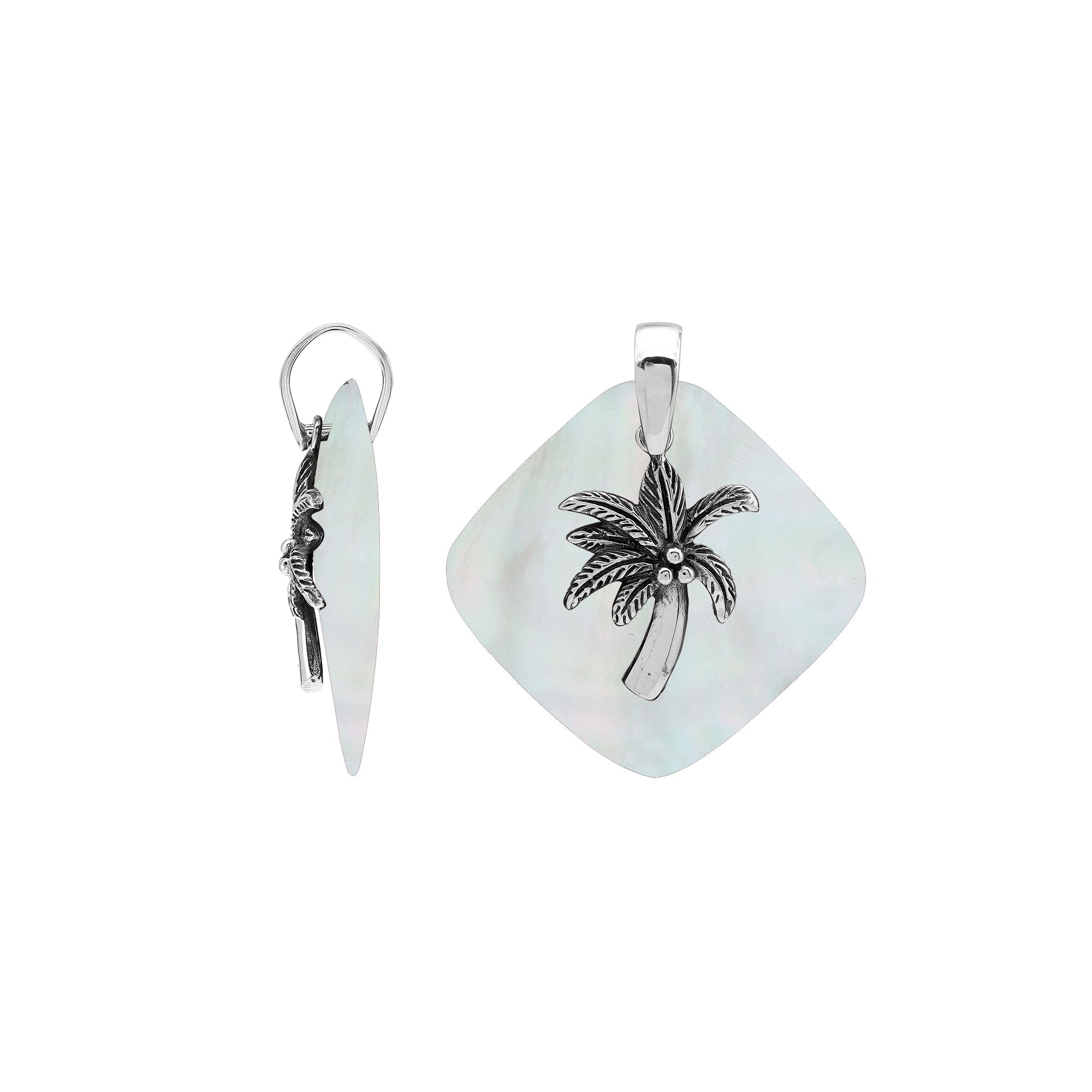 Elegant sterling silver palm tree pendant with Mother of Pearl diamond base, artisan-crafted for tropical coastal style.