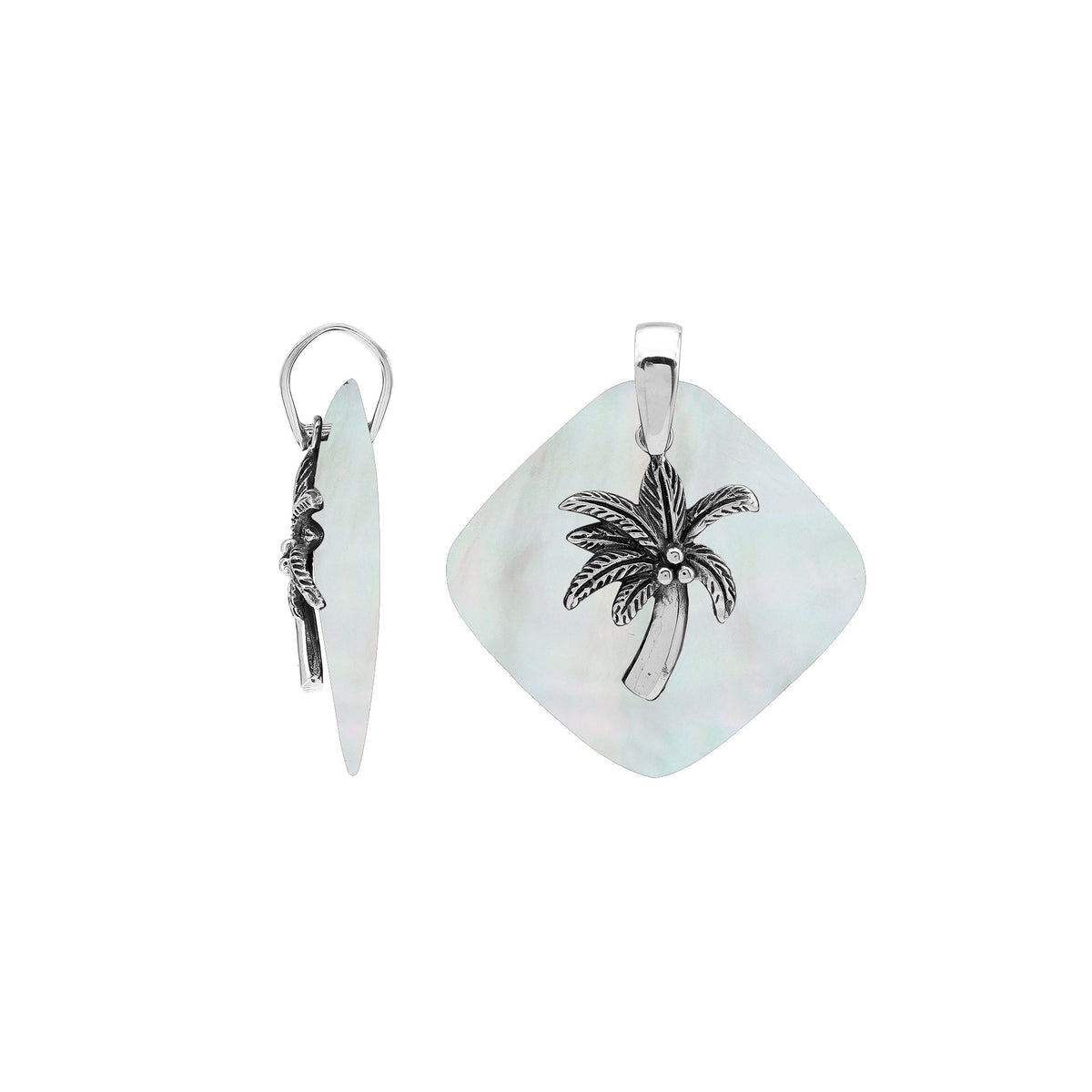 Elegant sterling silver palm tree pendant with Mother of Pearl diamond base, artisan-crafted for tropical coastal style.
