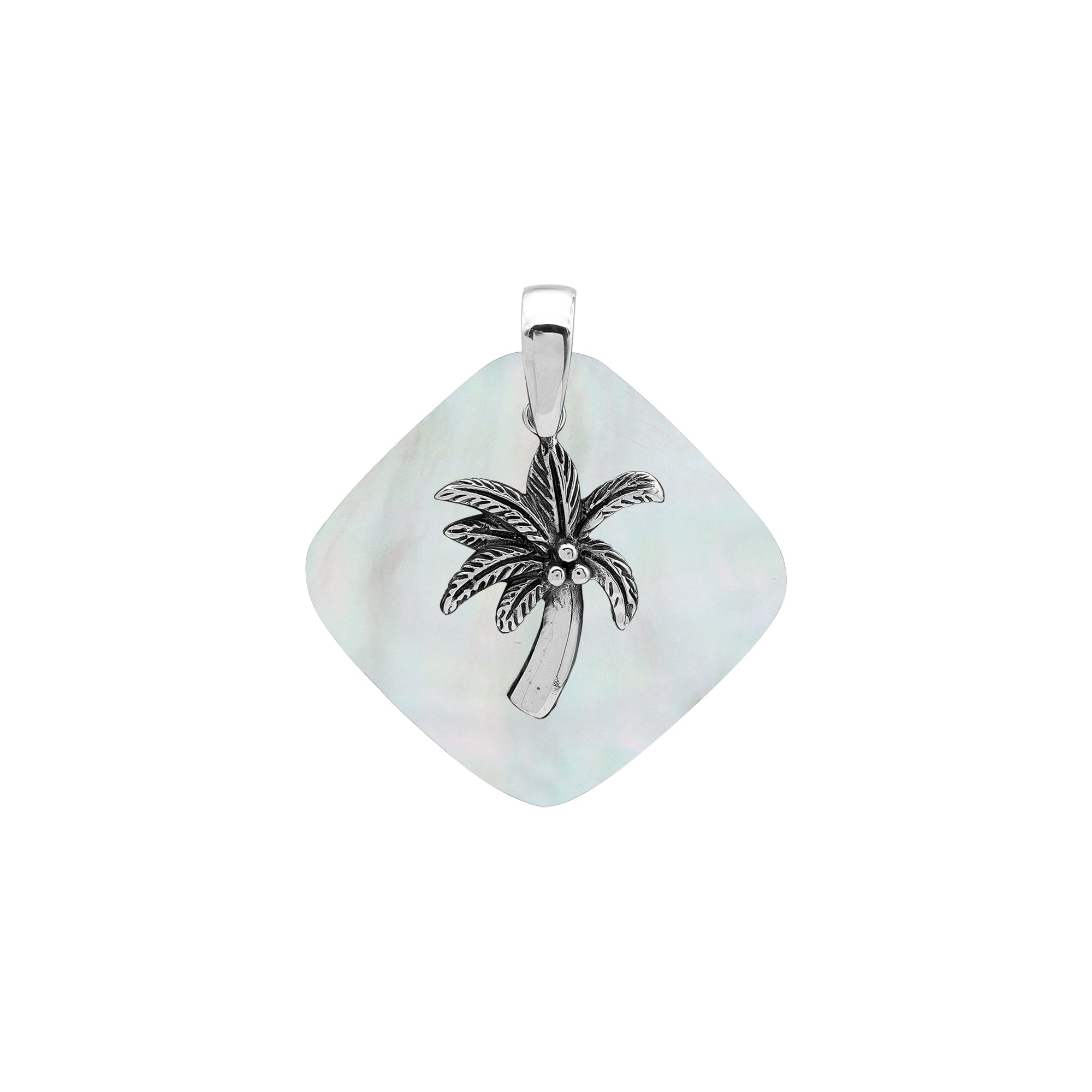 Elegant sterling silver palm tree pendant with Mother of Pearl diamond base, artisan-crafted for tropical coastal style.
