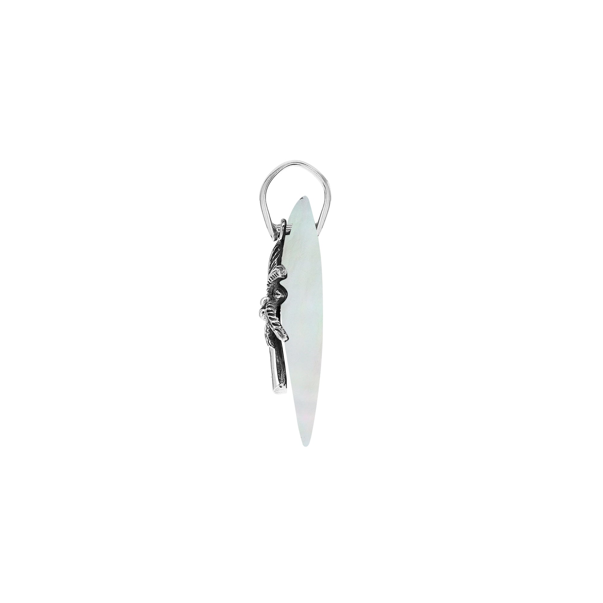 Elegant sterling silver palm tree pendant with Mother of Pearl diamond base, artisan-crafted for tropical coastal style.