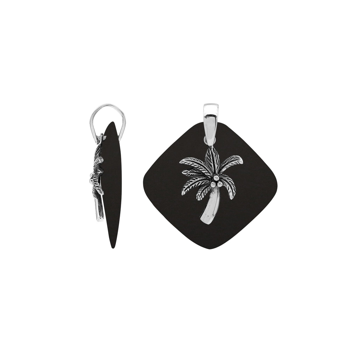 Sleek sterling silver palm tree pendant with black shell diamond base, artisan-crafted for modern tropical style.