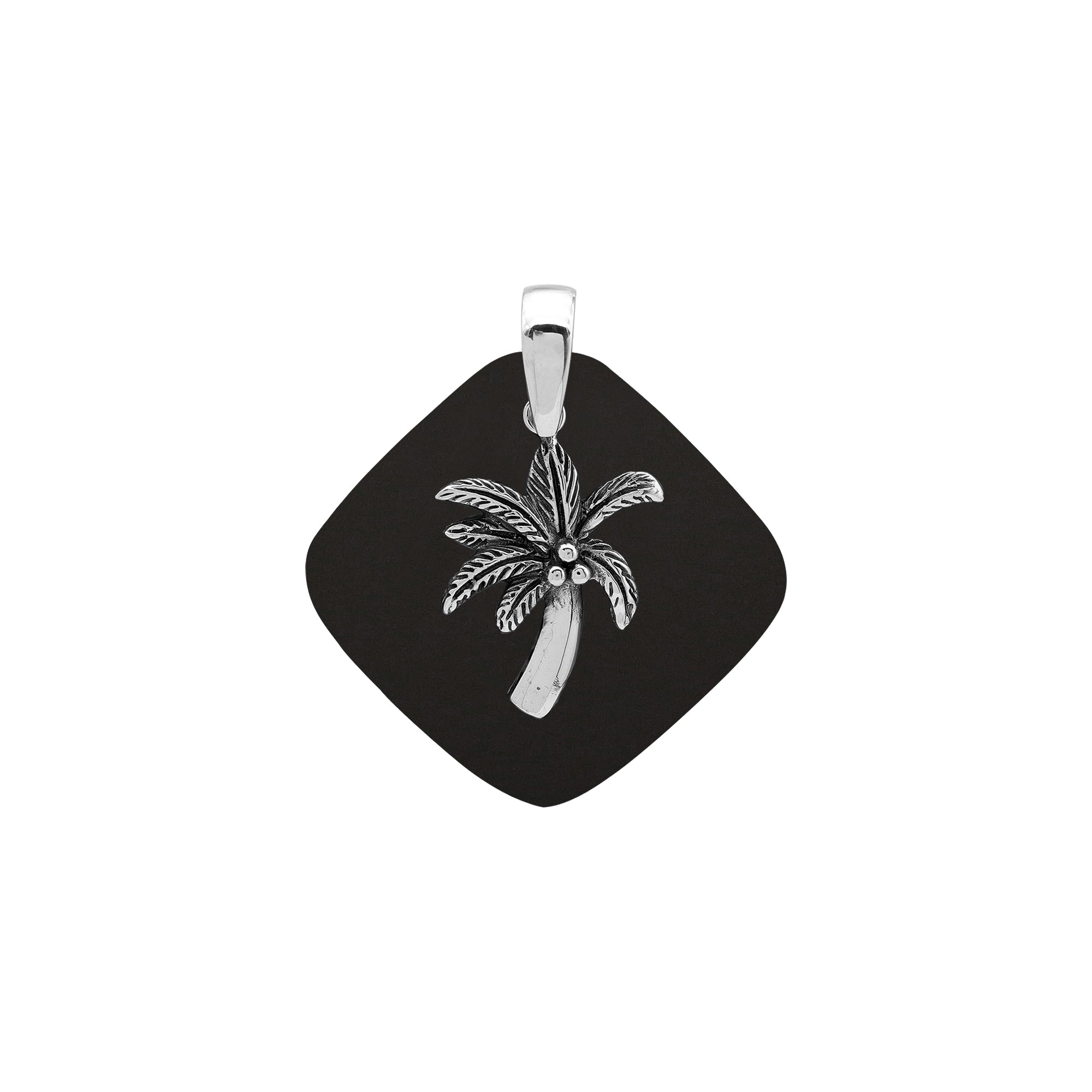 Sleek sterling silver palm tree pendant with black shell diamond base, artisan-crafted for modern tropical style.