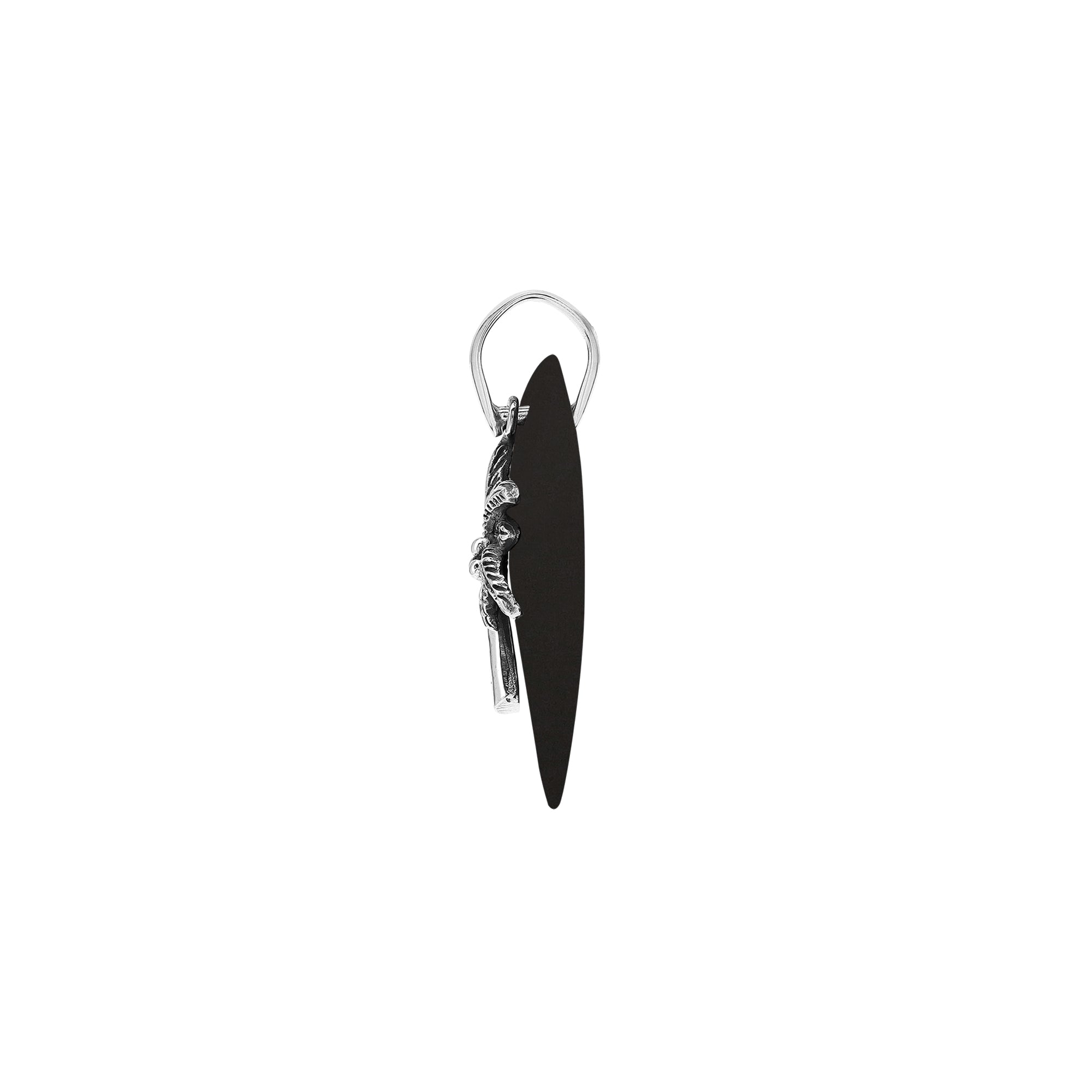 Sleek sterling silver palm tree pendant with black shell diamond base, artisan-crafted for modern tropical style.