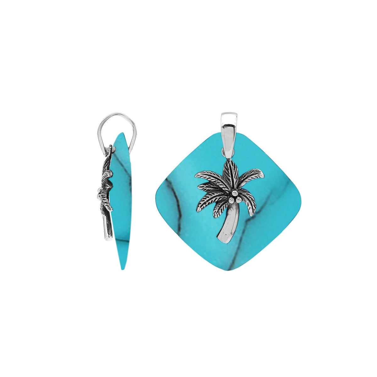 Vibrant sterling silver palm tree pendant with turquoise diamond base, artisan-crafted for bold tropical beach style.
