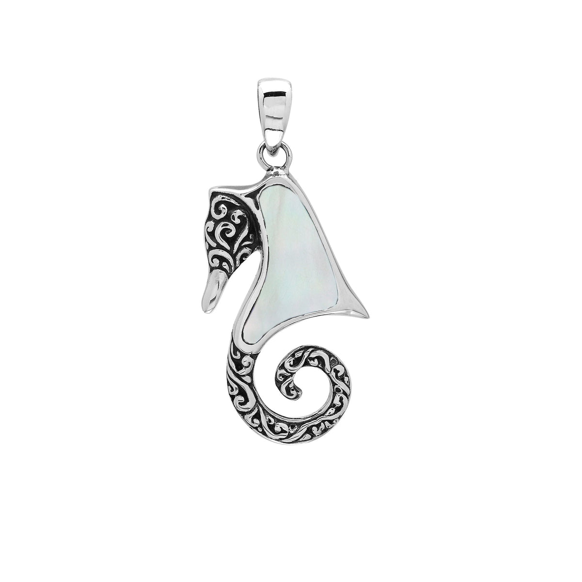 Elegant sterling silver seahorse pendant with luminous Mother of Pearl inlay, artisan-crafted for tropical ocean-inspired style.