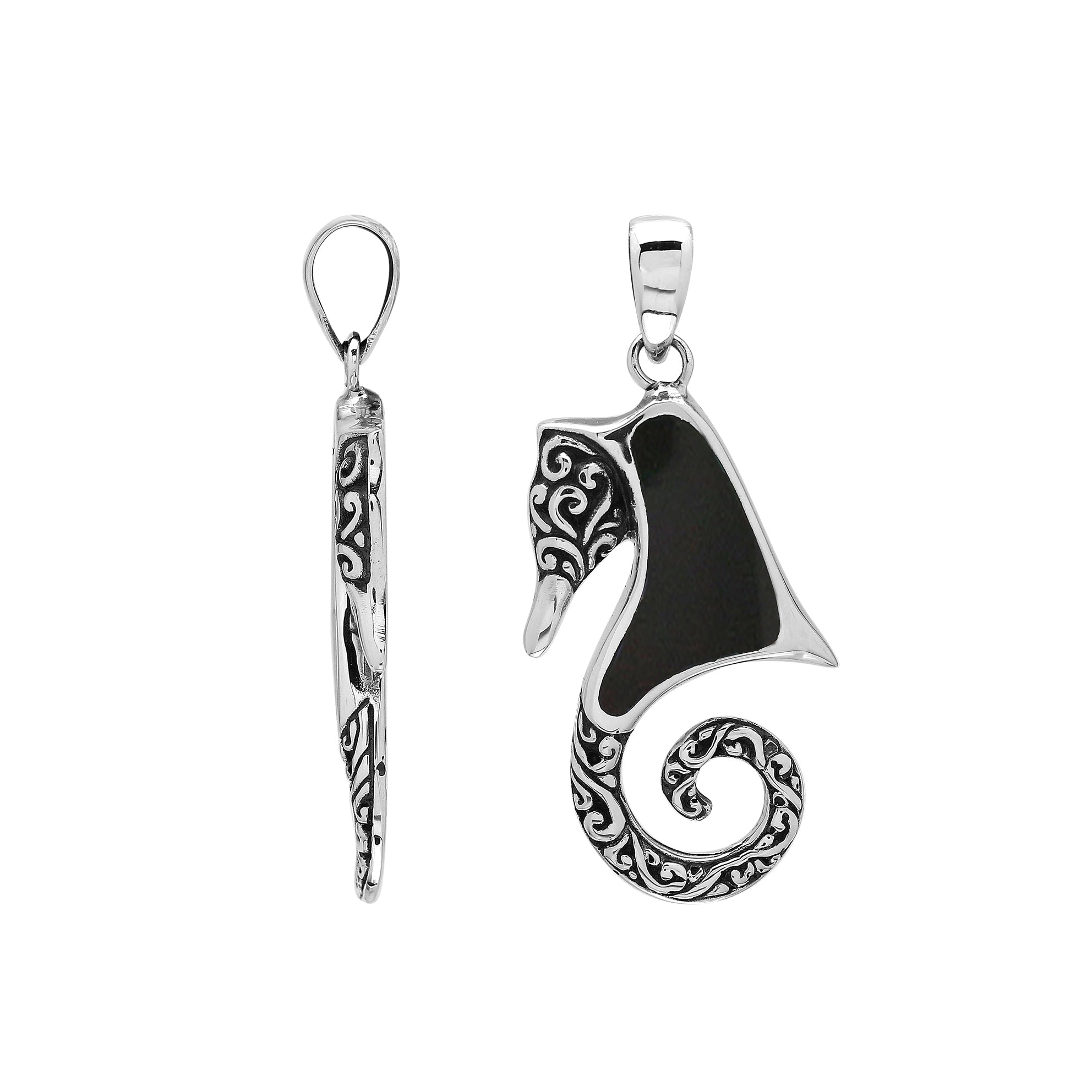 Elegant silver seahorse necklace pendant with black shell, handcrafted in Bali.