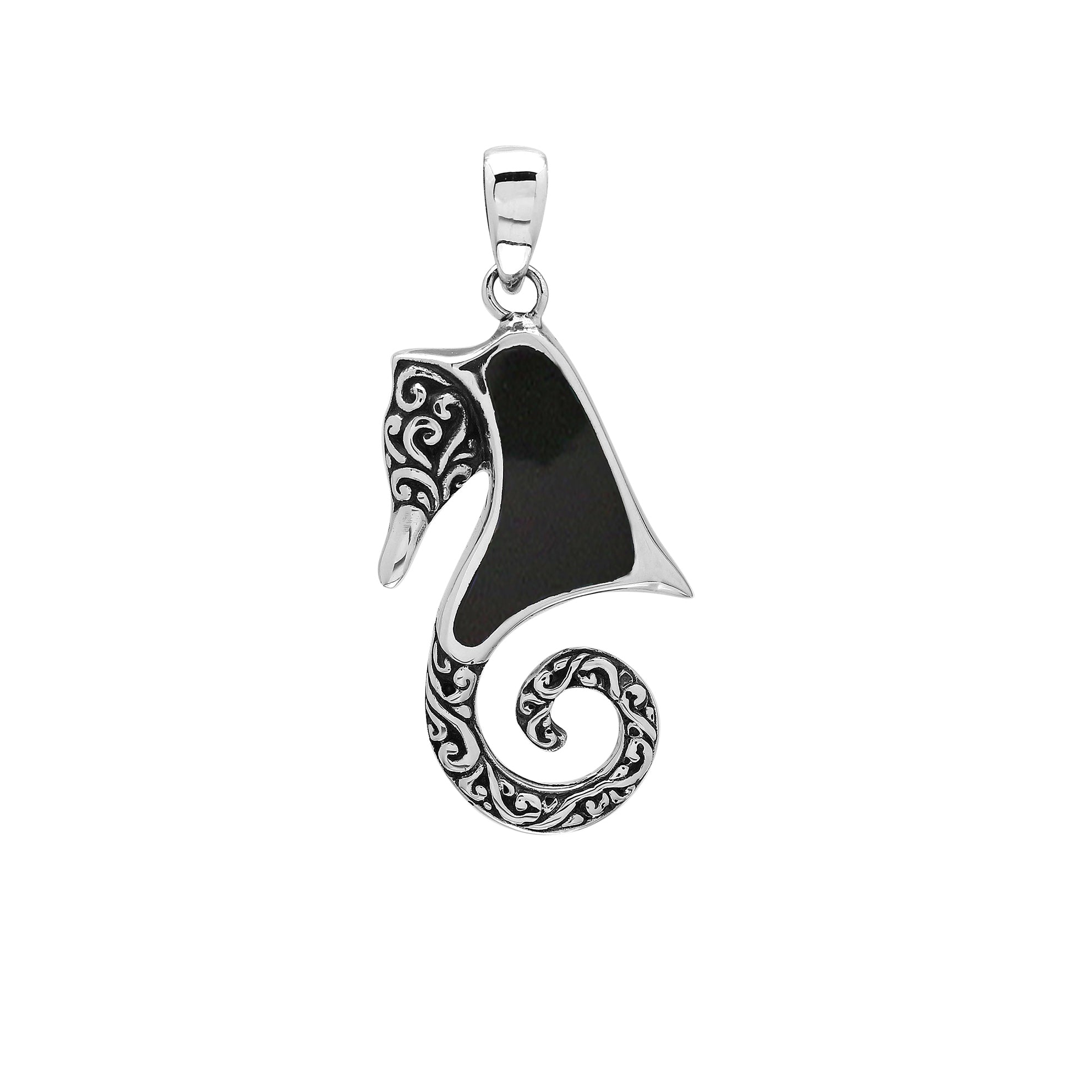 Elegant silver seahorse necklace pendant with black shell, handcrafted in Bali.