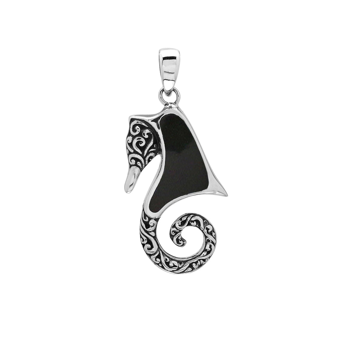 Elegant silver seahorse necklace pendant with black shell, handcrafted in Bali.