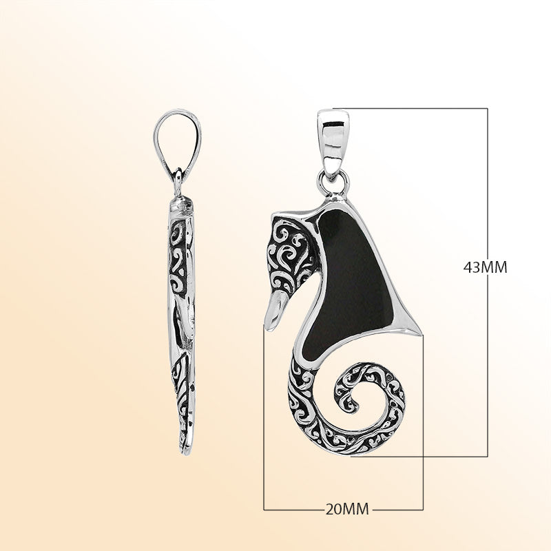 Elegant silver seahorse necklace pendant with black shell, handcrafted in Bali.