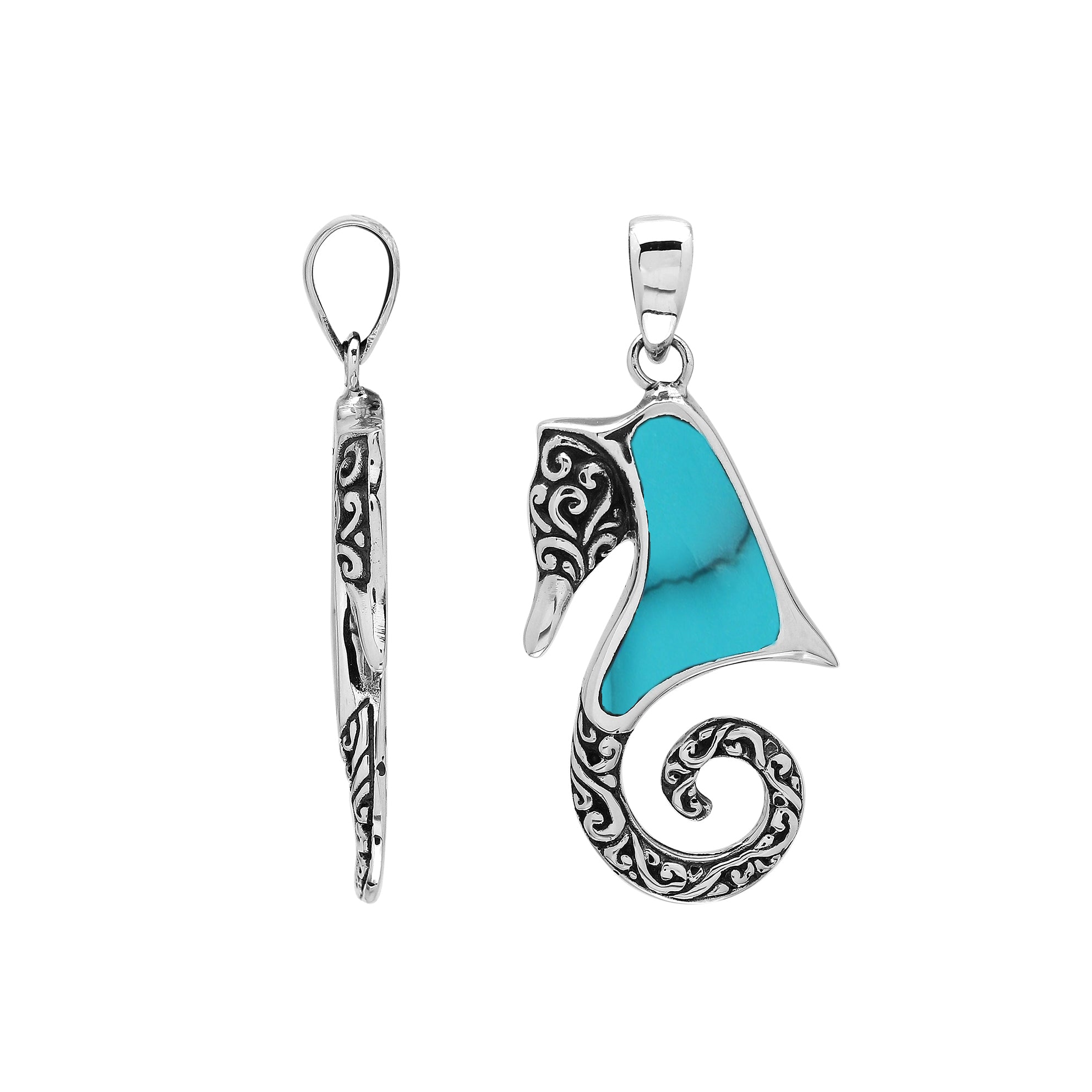 Sterling silver seahorse pendant with turquoise inlay, handcrafted in Bali.