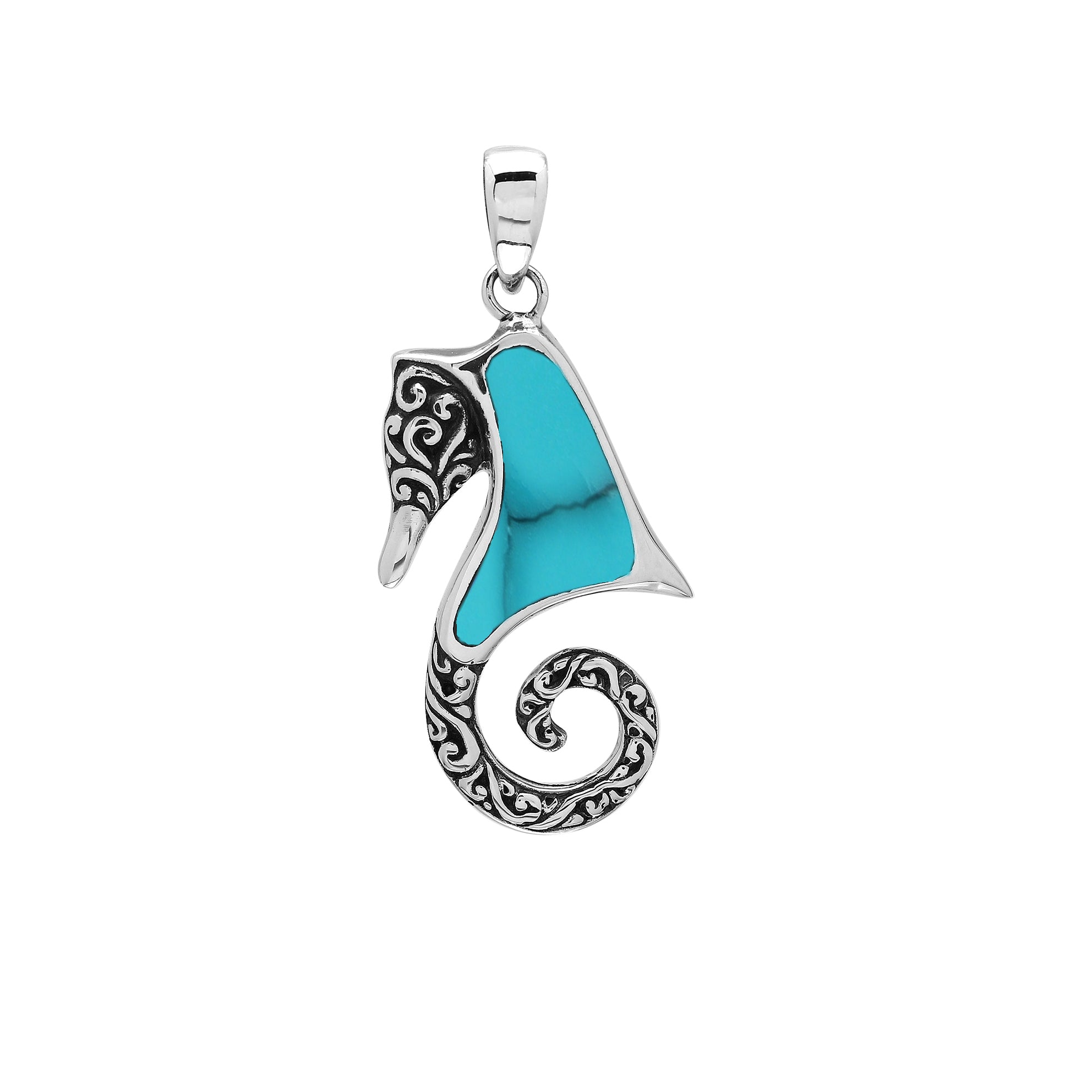 Sterling silver seahorse pendant with turquoise inlay, handcrafted in Bali.