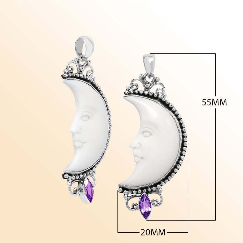 Sterling silver half-moon pendant with carved bone face and amethyst quartz, Balinese design.