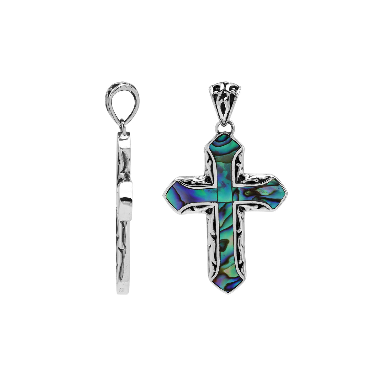 Abalone shell cross pendant in sterling silver with intricate Balinese design, handcrafted jewelry.