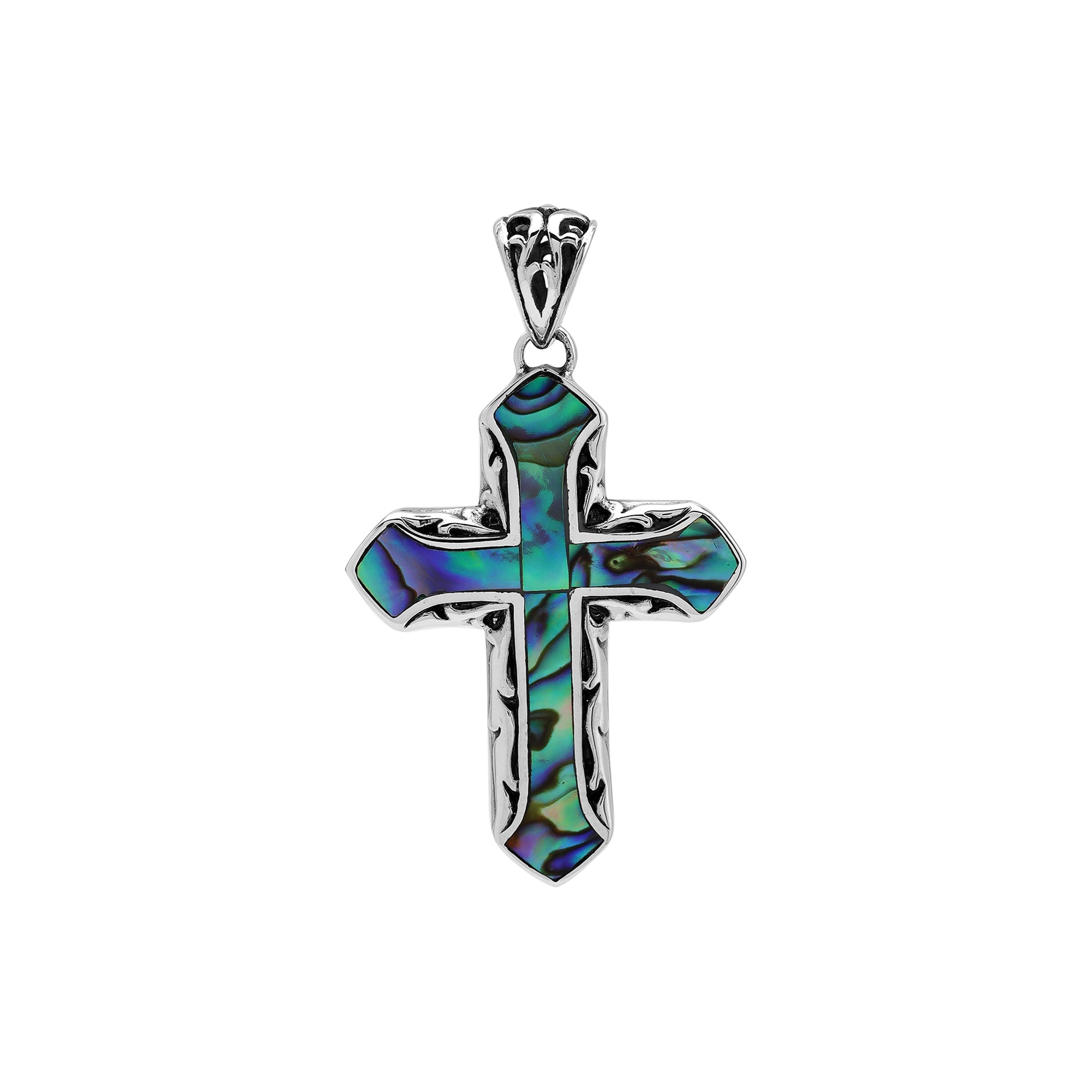 Abalone shell cross pendant in sterling silver with intricate Balinese design, handcrafted jewelry.