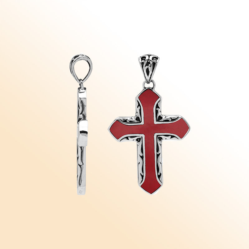 Red coral cross pendant in sterling silver with handcrafted Balinese detailing, religious jewelry.