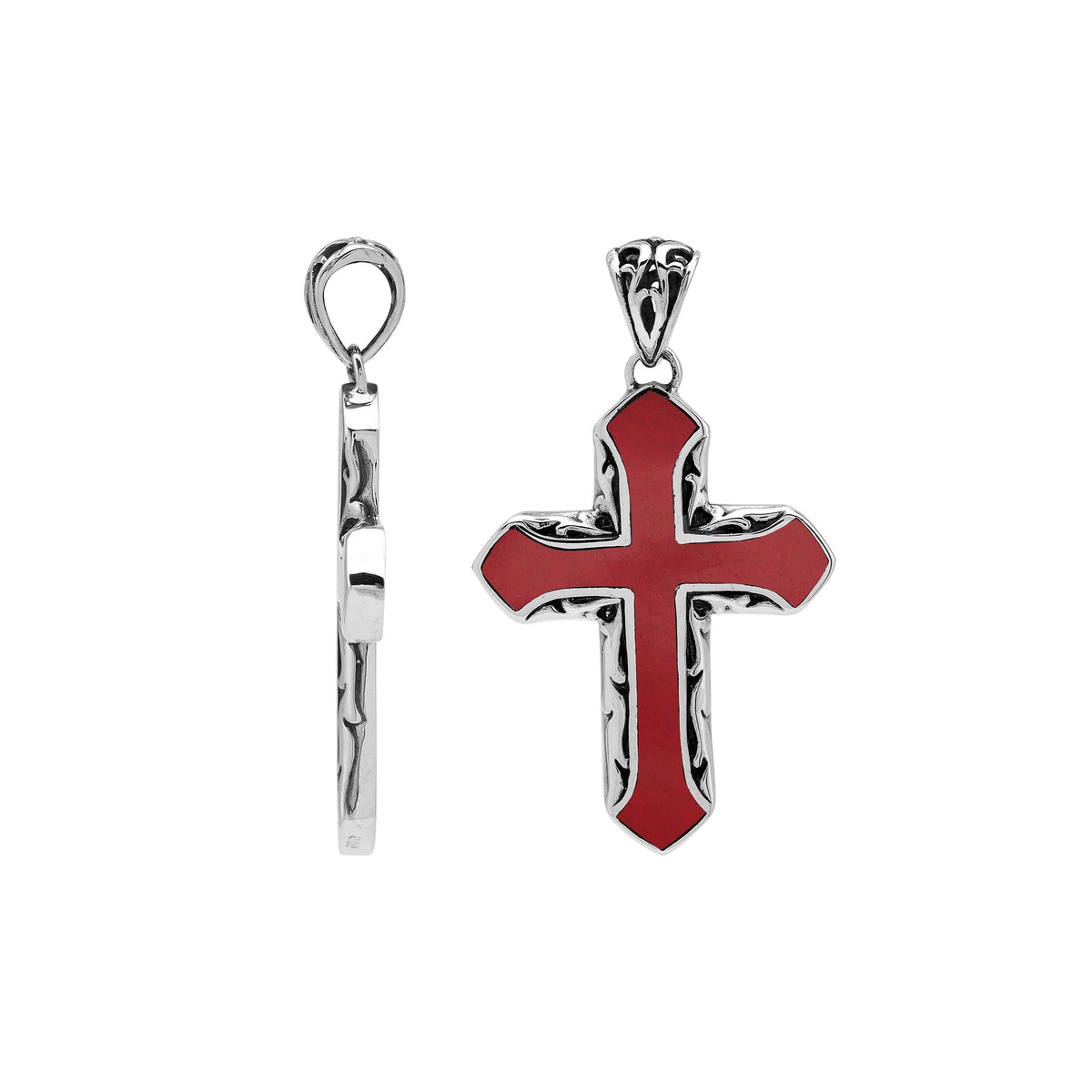 Red coral cross pendant in sterling silver with handcrafted Balinese detailing, religious jewelry.