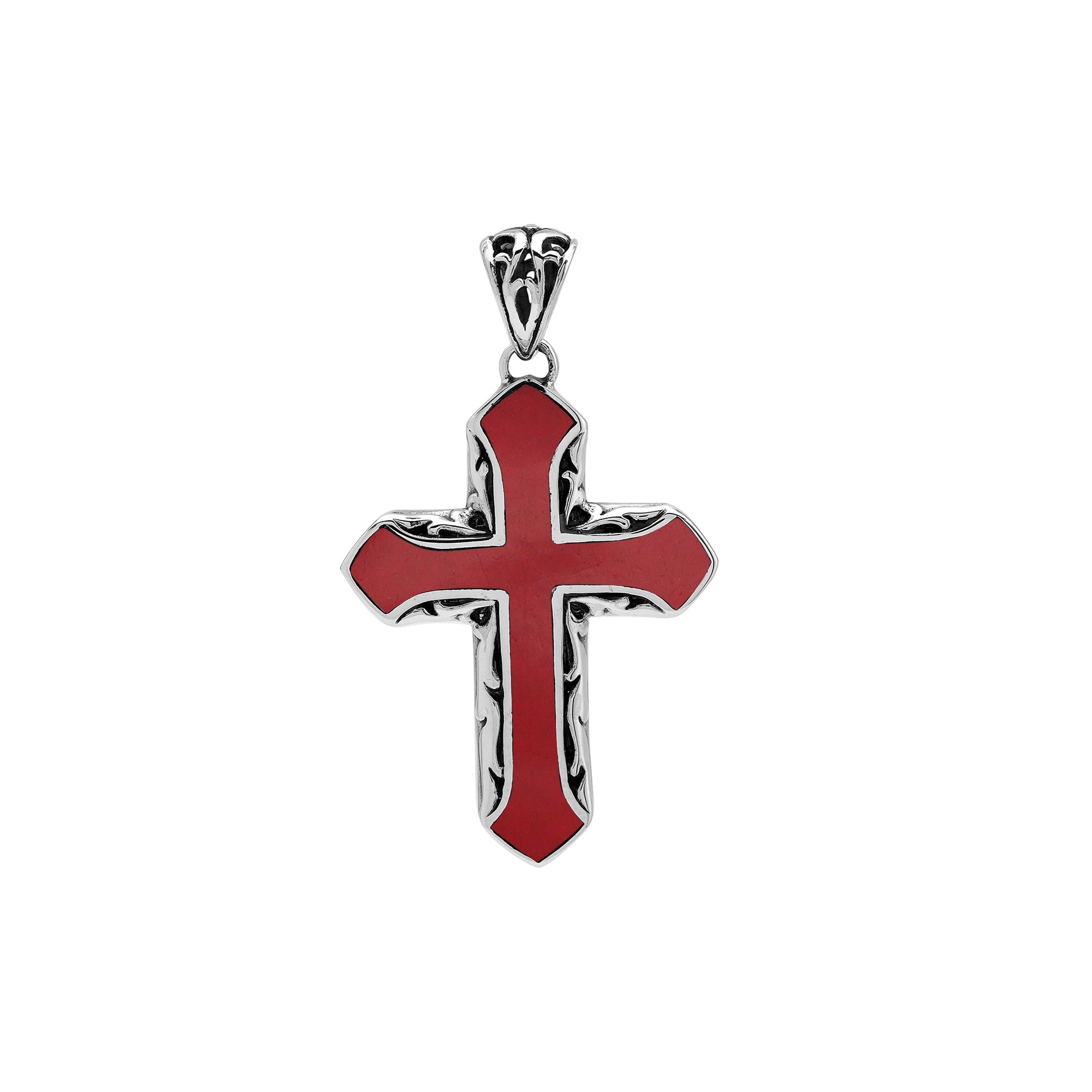 Red coral cross pendant in sterling silver with handcrafted Balinese detailing, religious jewelry.
