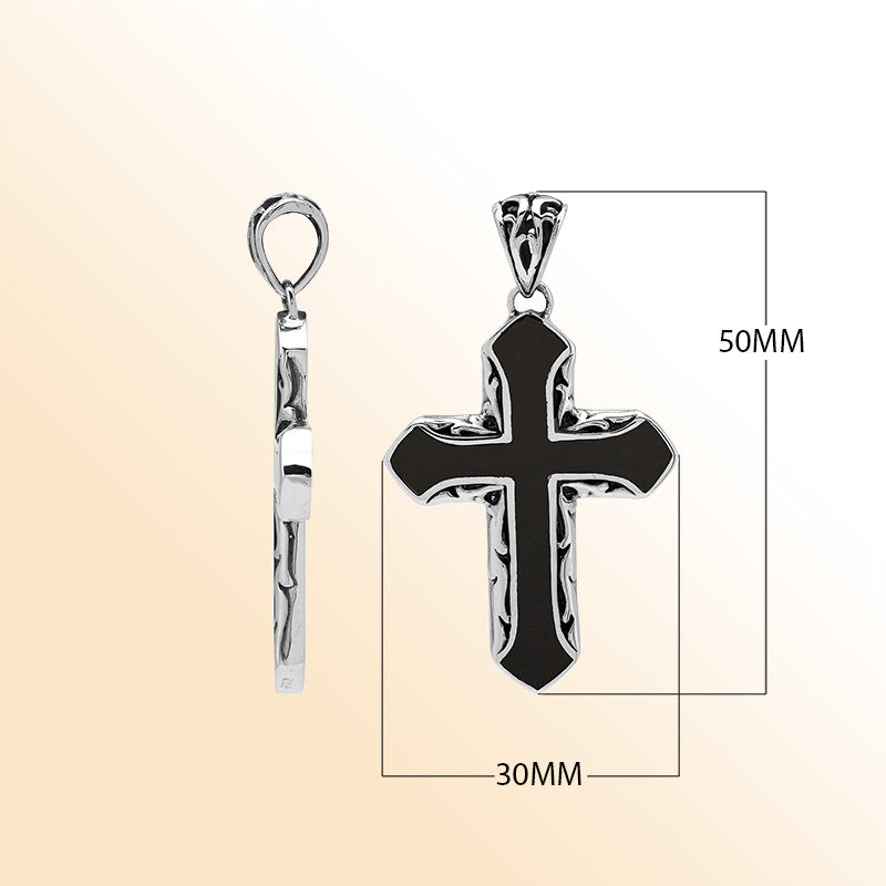 Black shell cross pendant in sterling silver with handcrafted Balinese scrollwork, religious artisan jewelry.