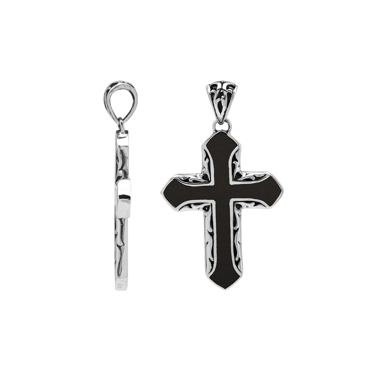 Black shell cross pendant in sterling silver with handcrafted Balinese scrollwork, religious artisan jewelry.