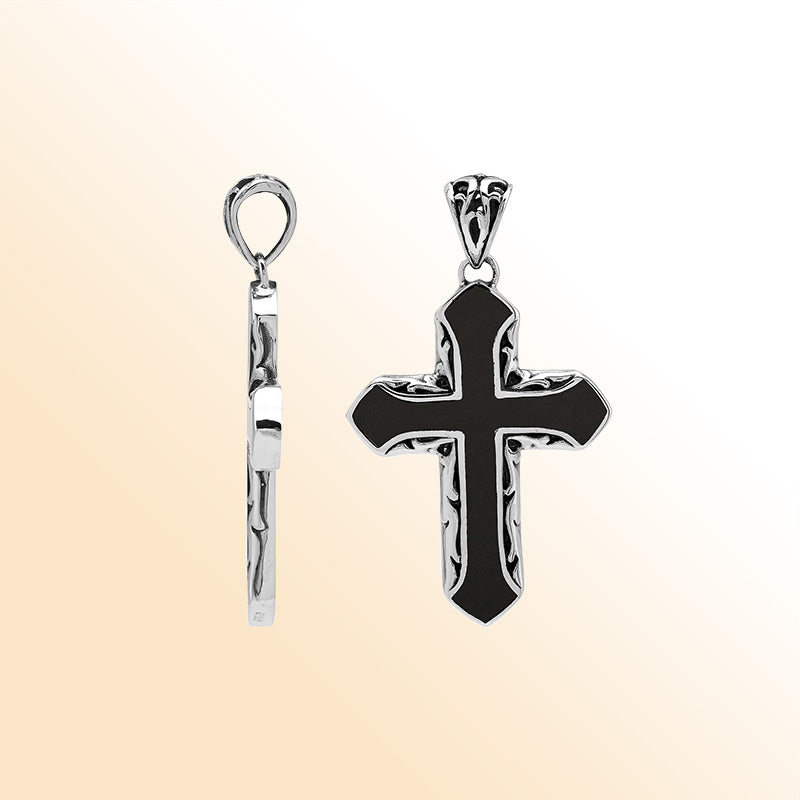 Black shell cross pendant in sterling silver with handcrafted Balinese scrollwork, religious artisan jewelry.