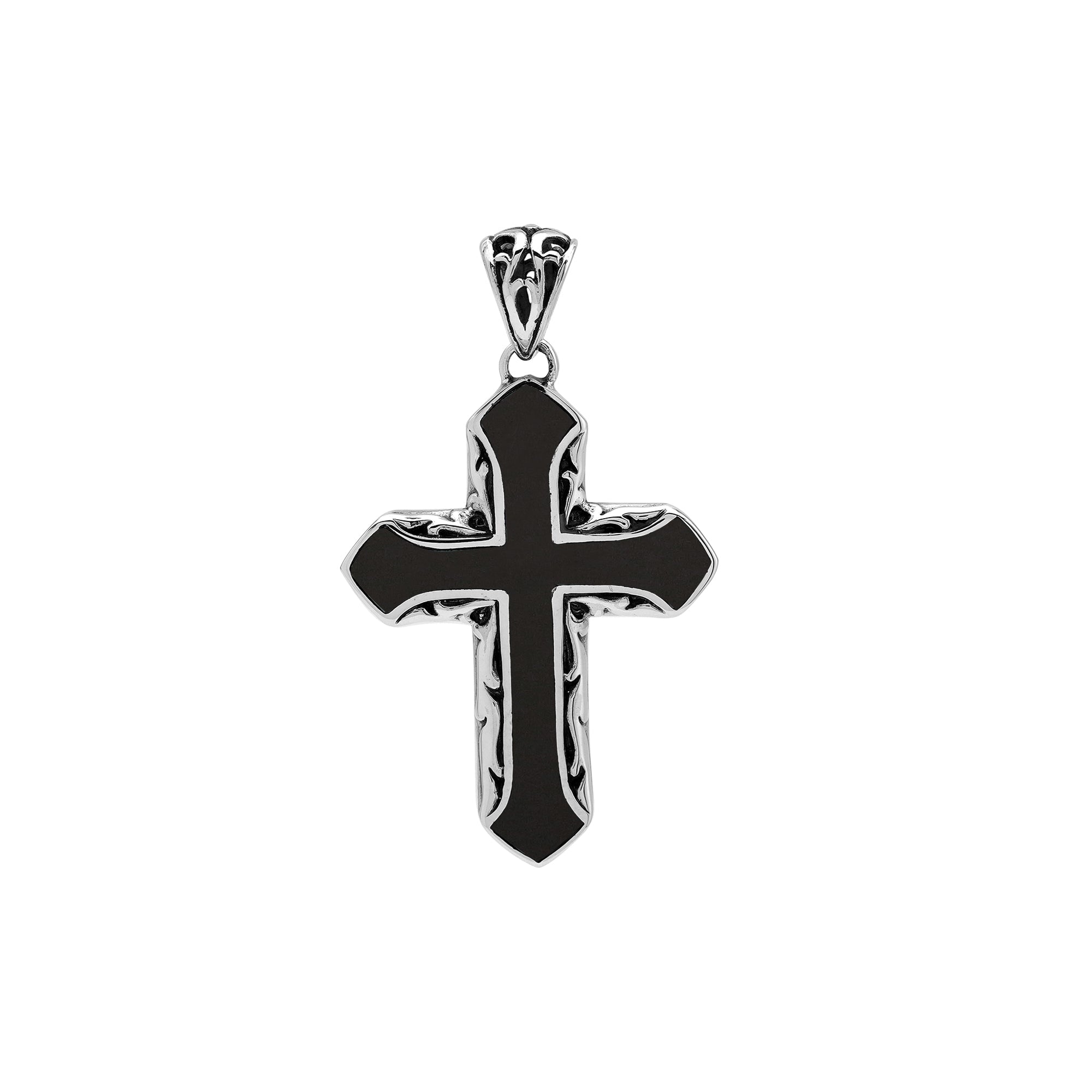Black shell cross pendant in sterling silver with handcrafted Balinese scrollwork, religious artisan jewelry.