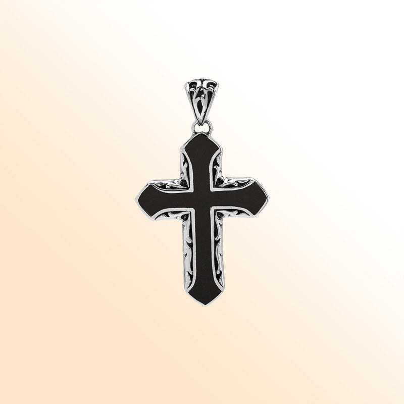 Black shell cross pendant in sterling silver with handcrafted Balinese scrollwork, religious artisan jewelry.