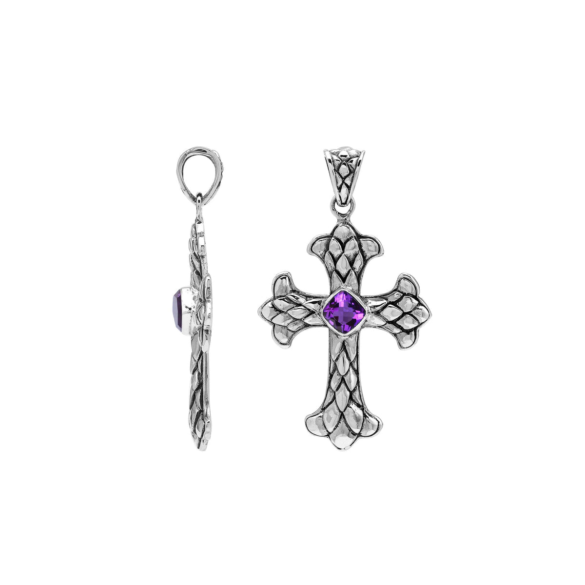 Amethyst Quartz cross pendant in sterling silver with handcrafted Balinese silverwork, spiritual artisan jewelry.