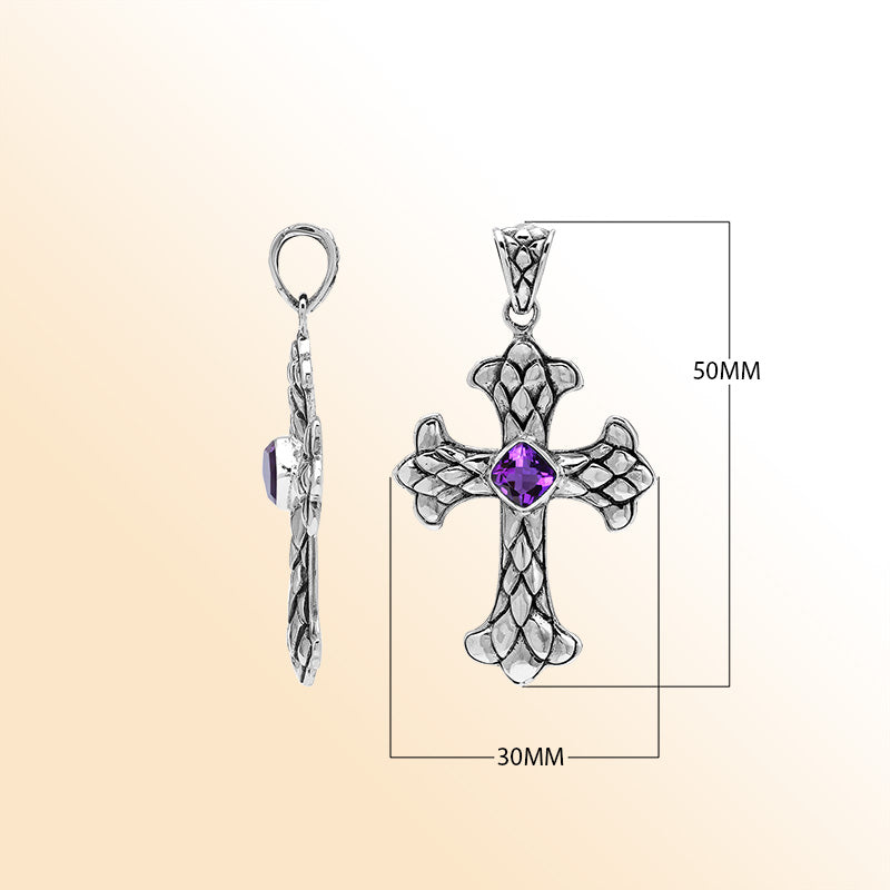 Amethyst Quartz cross pendant in sterling silver with handcrafted Balinese silverwork, spiritual artisan jewelry.